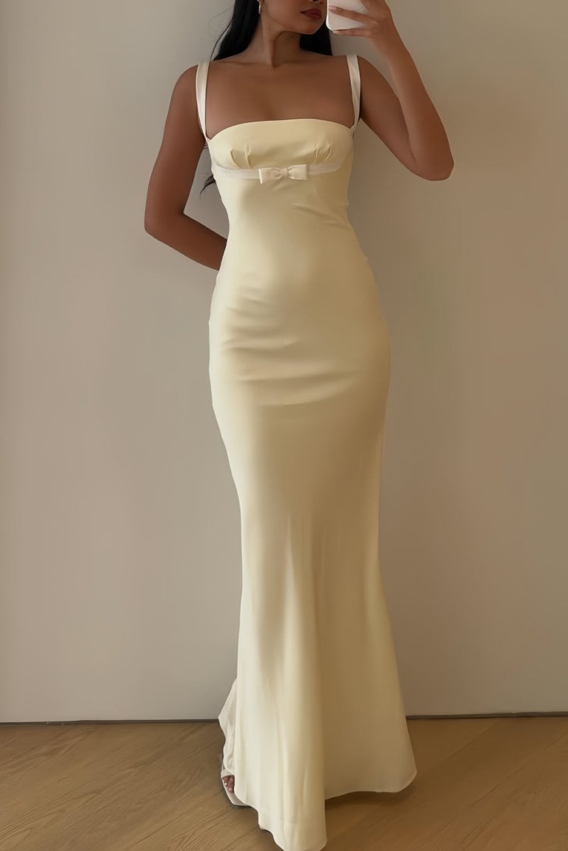 Ellora | Yellow - Square Neck Mermaid Satin Long Prom Dresses With Bowknot - KissProm