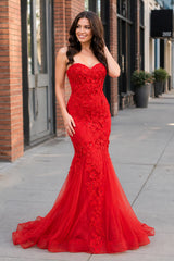 Ellorie | Mermaid Sweetheart Red Lace Long Prom Dresses - KissProm