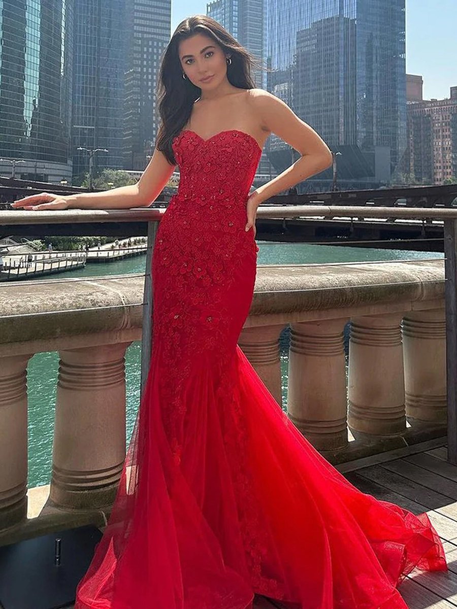 white christmas dresses Mermaid Sweetheart Red Lace Long Prom Dresses Red / 6