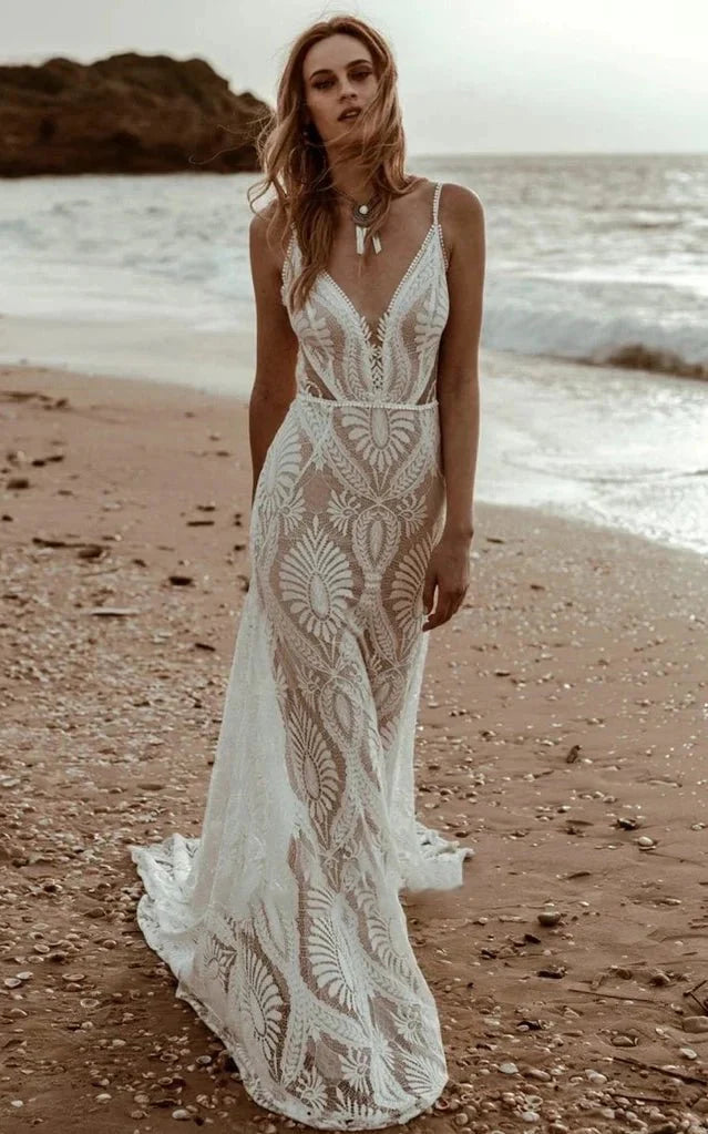 Beach Floral Mermaid Plunging Boho Lace Wedding Dress with Sweep Train Beach Floral Mermaid Plunging Boho Lace Wedding Dress with Sweep Train