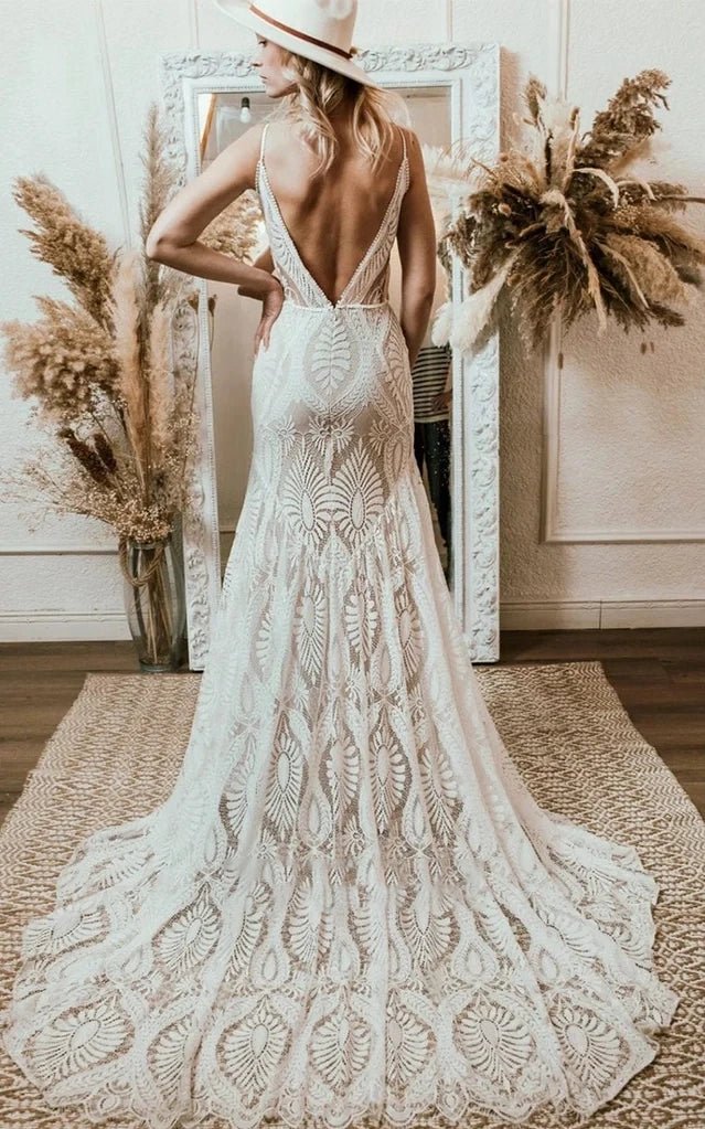 boho mermaid dress Beach Floral Mermaid Plunging Boho Lace Wedding Dress with Sweep Train