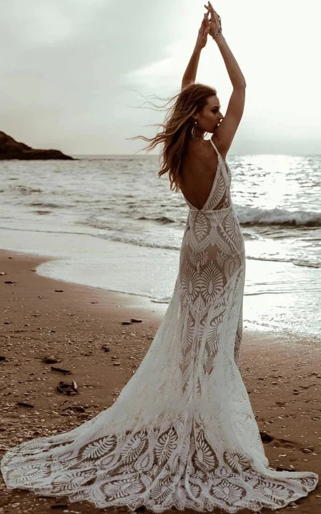 Beach Floral Mermaid Plunging Boho Lace Wedding Dress with Sweep Train Beach Floral Mermaid Plunging Boho Lace Wedding Dress with Sweep Train