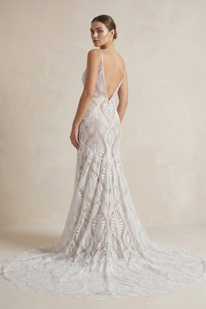 Beach Floral Mermaid Plunging Boho Lace Wedding Dress with Sweep Train – Wedding Dresses by Kissprom | Available at KissProm