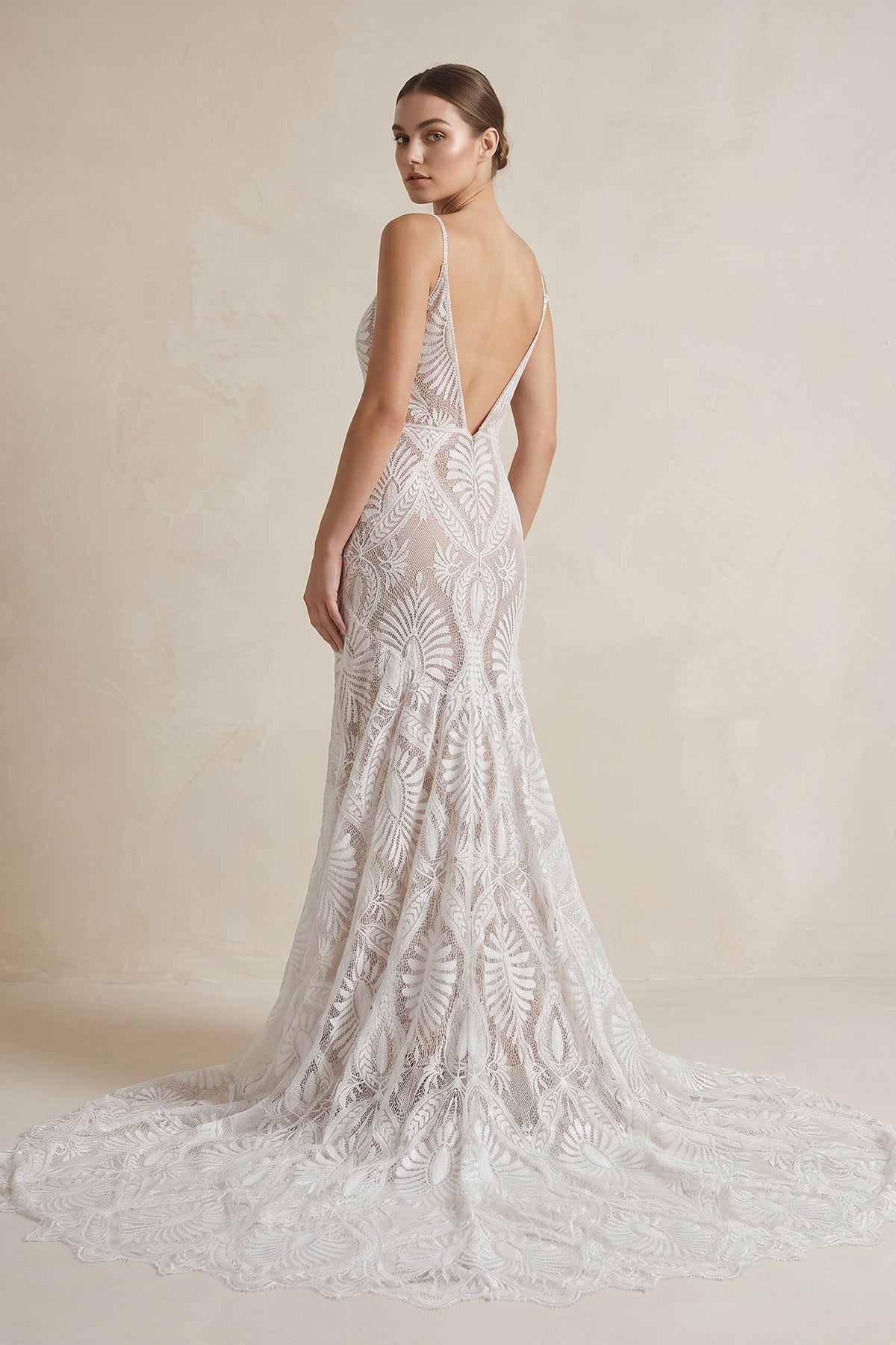 boho sequin wedding dress KissProm Beach Floral Mermaid Plunging Lace with Sweep Train, White-Nude / 18 Sustainable bridal statementgown Ché by Chelsey Nia Size:95 goddess boho wedding dress