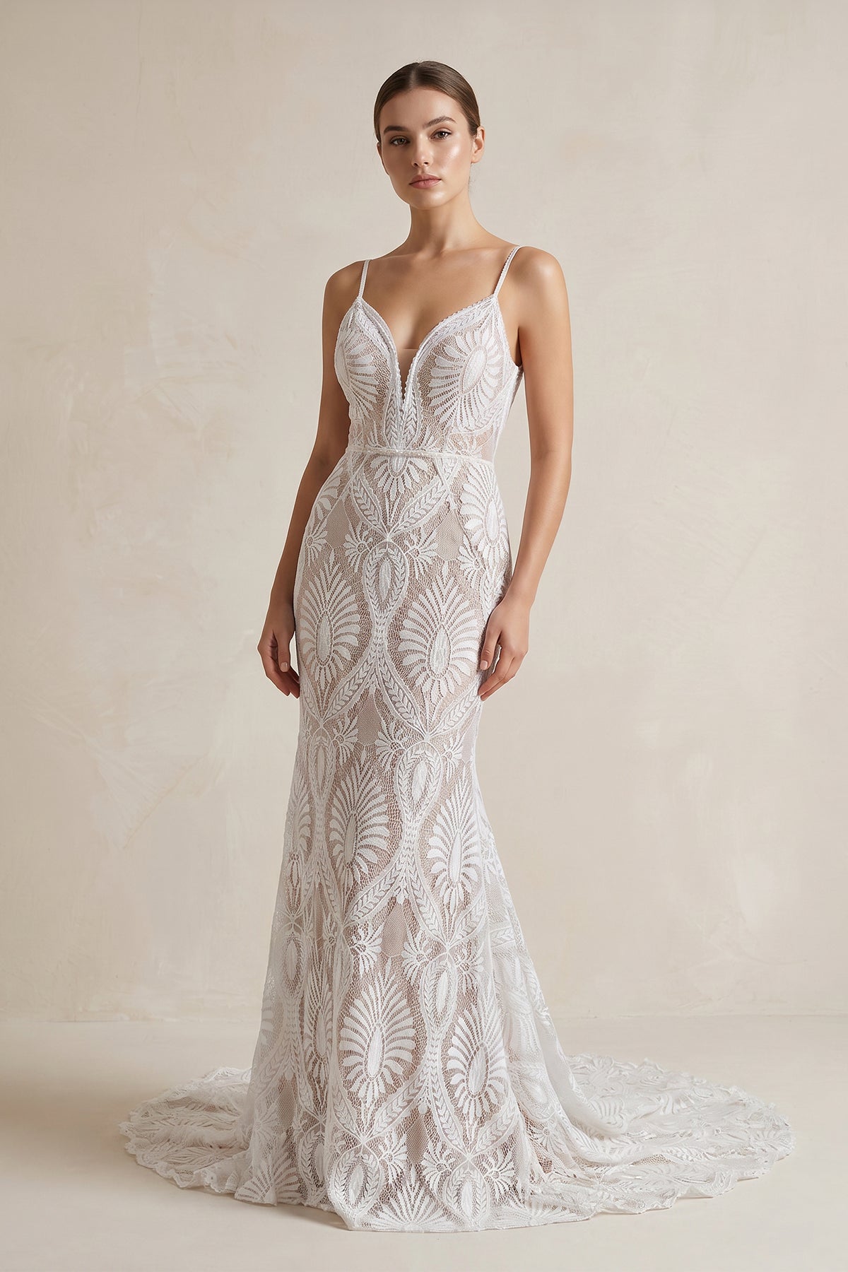 KissProm Beach Floral Mermaid Plunging Boho Lace Wedding Dress with Sweep Train, White-Nude / 18
