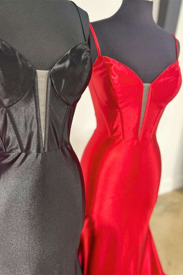 Elori | Plunge Neck Black Satin Mermaid Long Prom Dress - KissProm