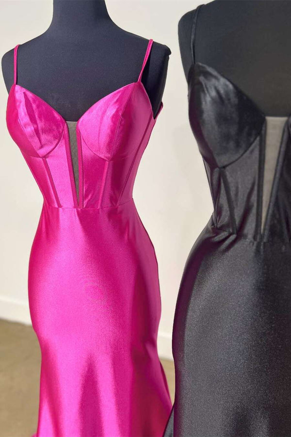 Elori | Plunge Neck Black Satin Mermaid Long Prom Dress - KissProm