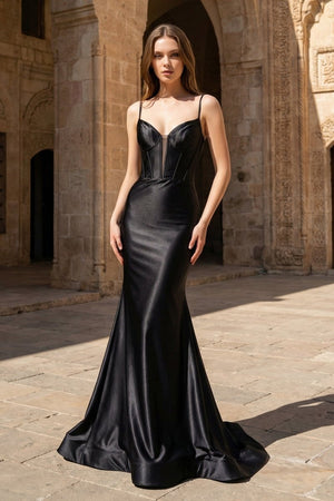 Plunge Neck Black Satin Mermaid Long Prom Dress - KissProm