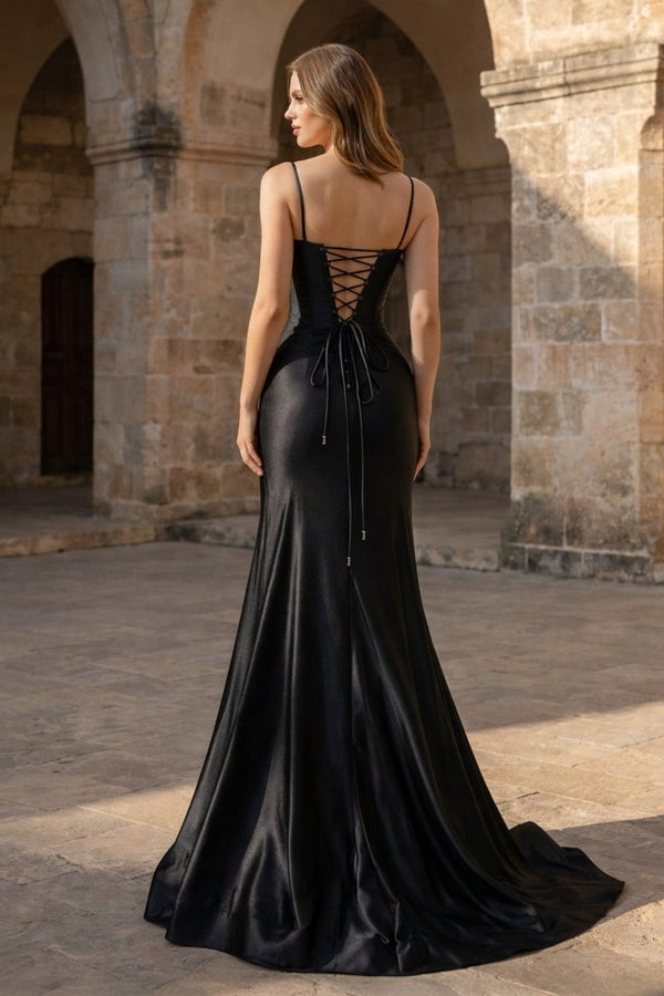 Plunge Neck Black Satin Mermaid Long Prom Dress - KissProm