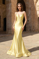 Plunge Neck Black Satin Mermaid Long Prom Dress - KissProm