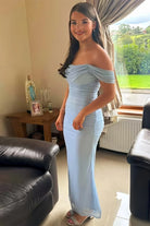 Eloria | Blue - Sheath Off - Shoulder Tulle Pleated Long Prom Dresses - KissProm