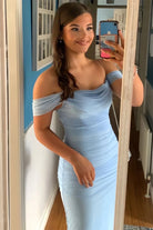 Eloria | Blue - Sheath Off - Shoulder Tulle Pleated Long Prom Dresses - KissProm
