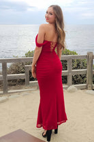 Eloria | Red - Sheath Off - Shoulder Tulle Pleated Long Prom Dresses - KissProm