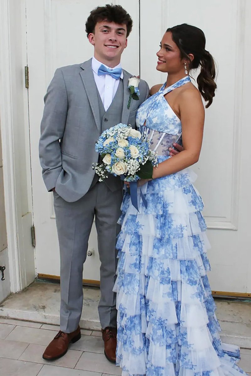 Elsin | Blue - Halter A Line Floral Chiffon Formal Prom Dresses With Ruffles - KissProm
