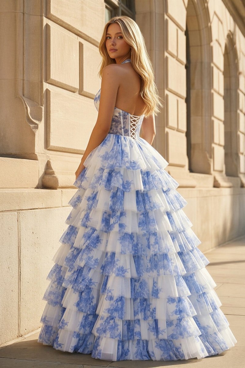 KissProm Blue Halter A Line Floral Chiffon Formal Prom Dresses With Ruffles, Blue / 6