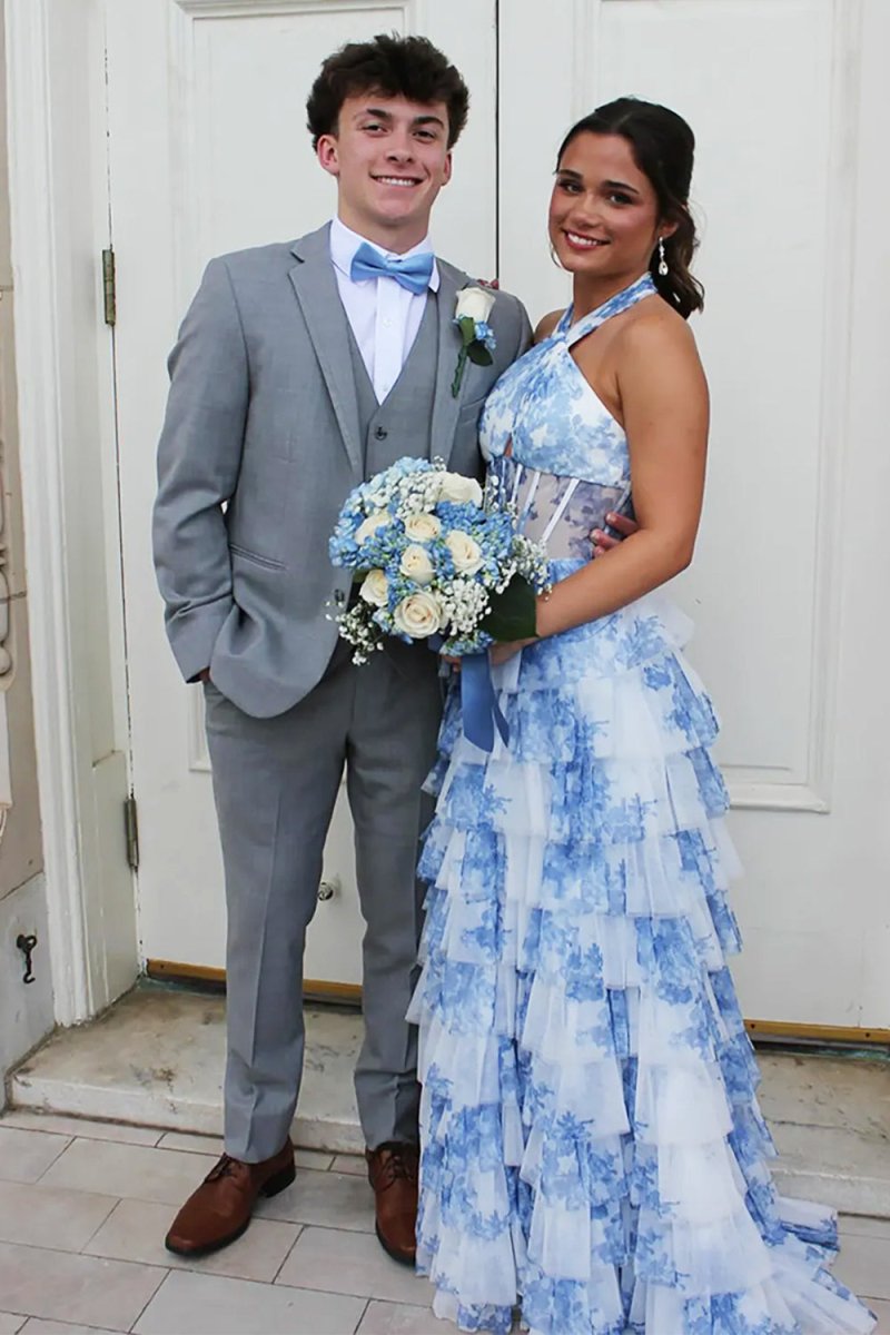 Elsin | Blue - Halter A Line Floral Chiffon Formal Prom Dresses With Ruffles - KissProm