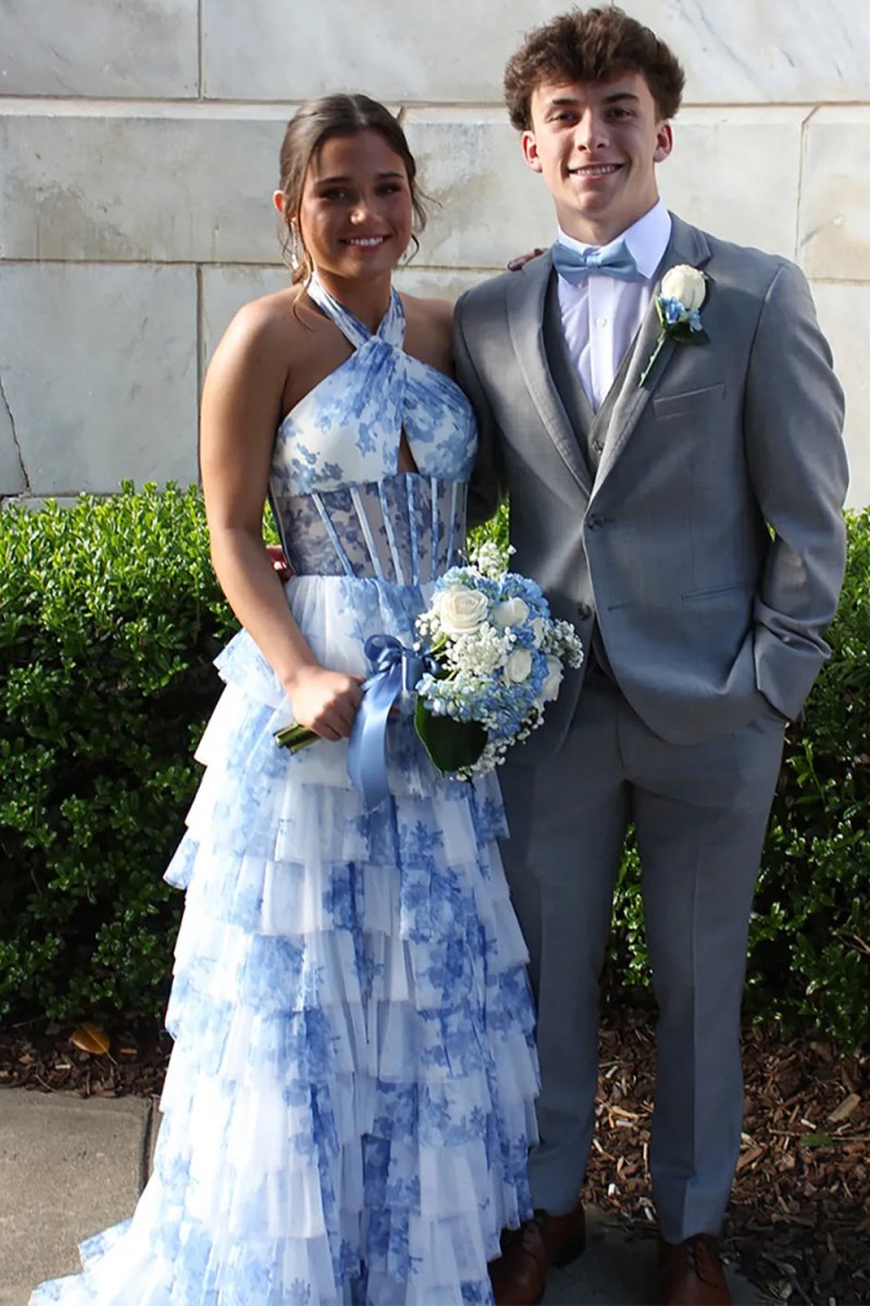 Blue Halter A Line Floral Chiffon Formal Prom Dresses With Ruffles Blue / 6 Blue Halter A Line Floral Chiffon Formal Prom Dresses With Ruffles Blue / 6