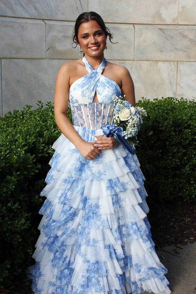 Blue Halter A Line Floral Chiffon Formal Prom Dresses With Ruffles Blue / 6 Blue Halter A Line Floral Chiffon Formal Prom Dresses With Ruffles Blue / 6