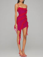Elsinia | Fuchsia - Sheath Chiffon Spaghetti Straps Ruffled Short Homecoming Dresses