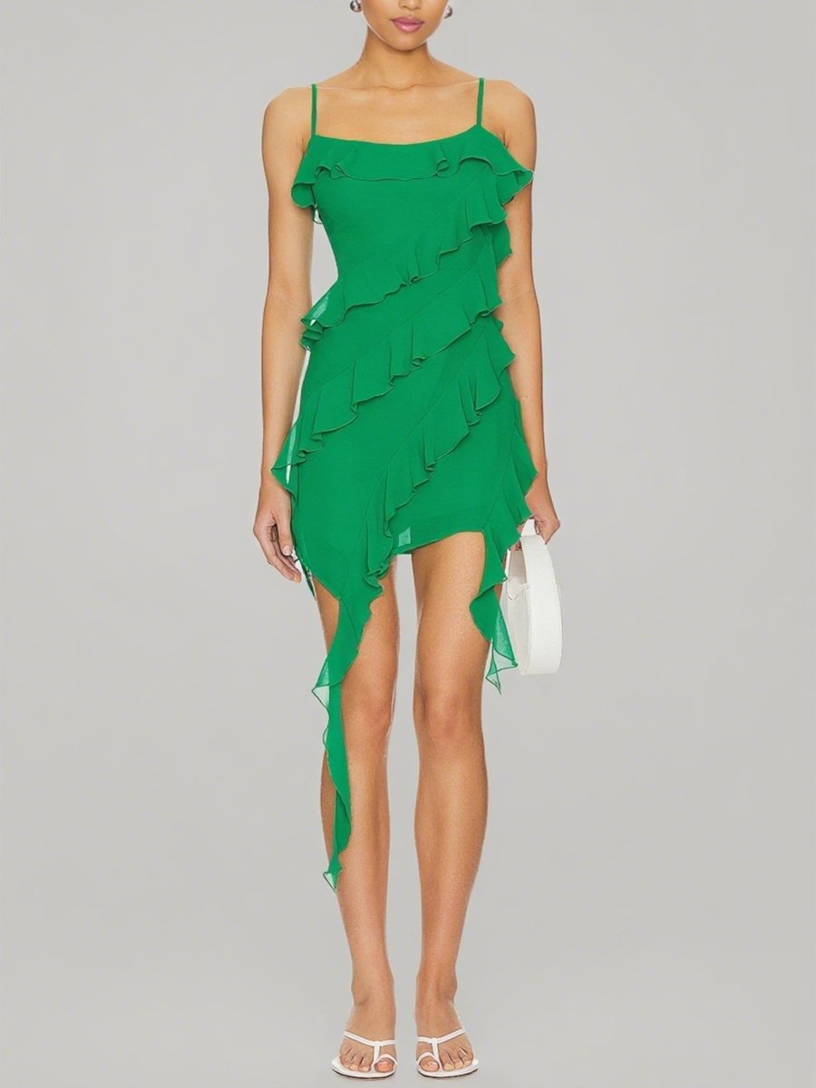 Elsinia | Green - Sheath Chiffon Spaghetti Straps Ruffled Short Homecoming Dresses