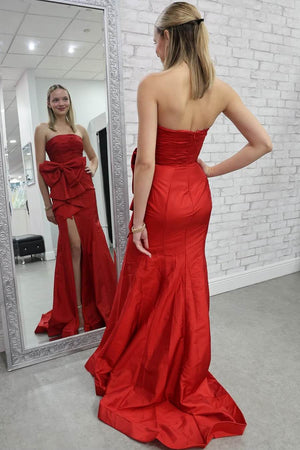 Elton | Red Strapless Mermaid Big Bow Satin Pleated Formal Prom Dress with Slit - KissProm