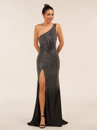 KissProm-Eluned Black One Shoulder Sheath Beaded Prom Dress With Split