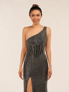 KissProm-Eluned Black One Shoulder Sheath Beaded Prom Dress With Split