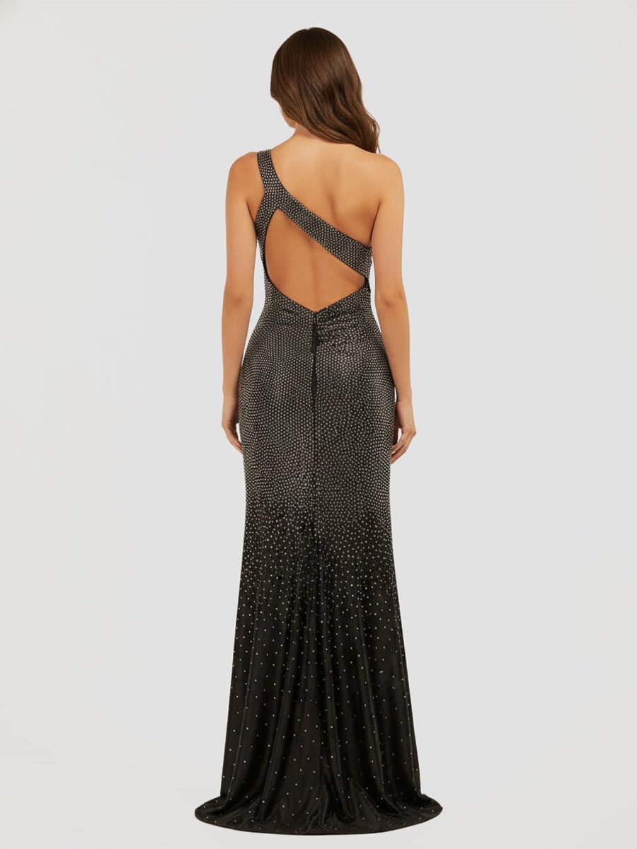 KissProm-Eluned Black One Shoulder Sheath Beaded Prom Dress With Split