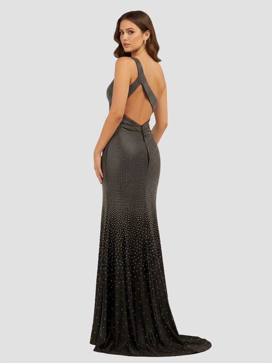 KissProm-Eluned Black One Shoulder Sheath Beaded Prom Dress With Split