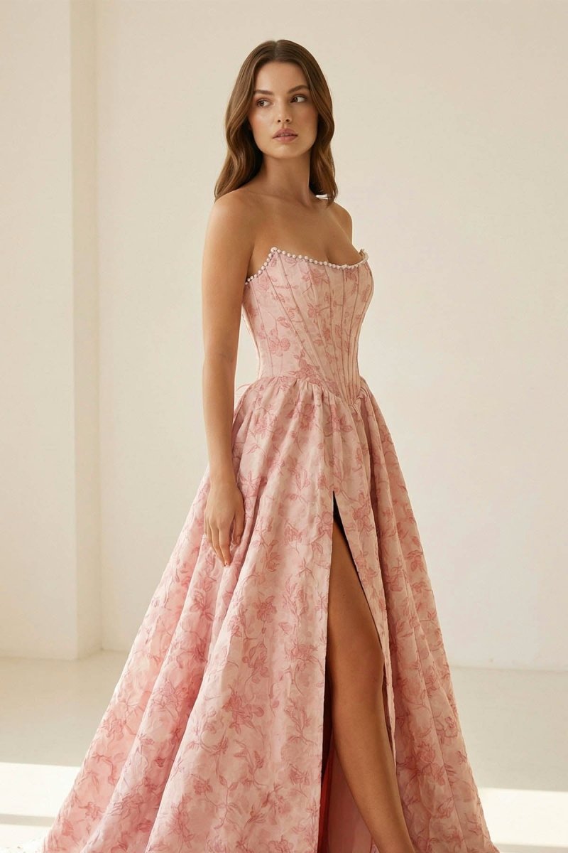 KissProm Pink A Line Strapless Jacquard Long Prom Dresses With Slit, Pink / 14