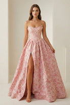 Elveryn | Pink - A Line Strapless Jacquard Long Prom Dresses With Slit - KissProm
