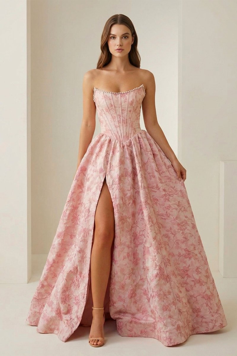 Elveryn | Pink - A Line Strapless Jacquard Long Prom Dresses With Slit - KissProm