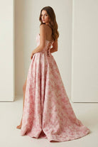 Elveryn | Pink - A Line Strapless Jacquard Long Prom Dresses With Slit - KissProm