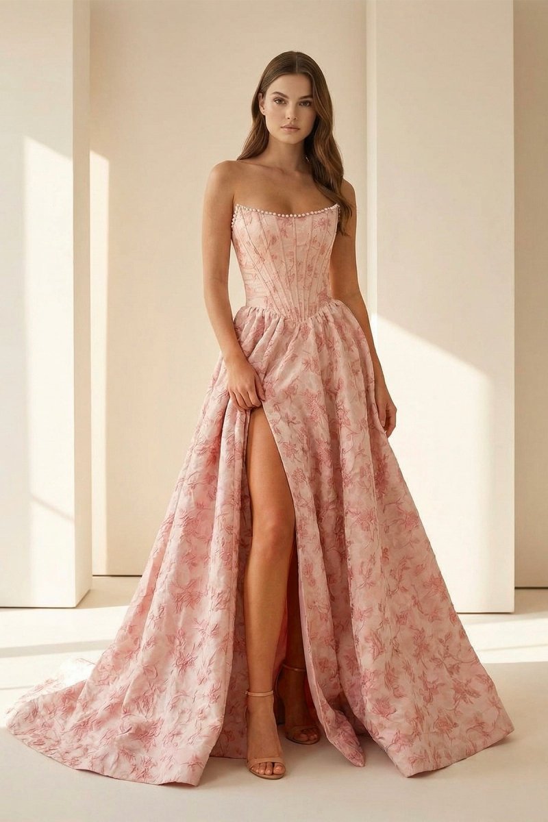 Elveryn | Pink - A Line Strapless Jacquard Long Prom Dresses With Slit - KissProm