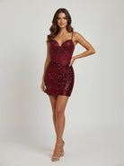 Elvia | Burgundy - Sheath V Neck Sequined Short Homecoming Dress with Beading