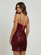 Elvia | Burgundy - Sheath V Neck Sequined Short Homecoming Dress with Beading
