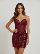 Elvia | Burgundy - Sheath V Neck Sequined Short Homecoming Dress with Beading
