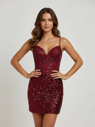 Elvia | Burgundy - Sheath V Neck Sequined Short Homecoming Dress with Beading