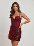 Elvia | Burgundy - Sheath V Neck Sequined Short Homecoming Dress with Beading