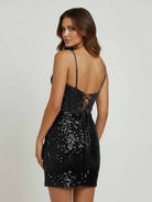 Elvia | Black - Sheath V Neck Sequined Short Homecoming Dress with Beading - KissProm
