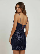 Elvia | Navy Blue - Sheath V Neck Sequined Short Homecoming Dress with Beading - KissProm