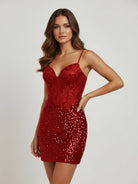 Elvia | Red - Sheath V Neck Sequined Short Homecoming Dress with Beading - KissProm