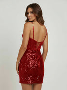 Elvia | Red - Sheath V Neck Sequined Short Homecoming Dress with Beading - KissProm