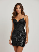 Elvia | Black - Sheath V Neck Sequined Short Homecoming Dress with Beading - KissProm