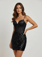 Elvia | Black - Sheath V Neck Sequined Short Homecoming Dress with Beading - KissProm