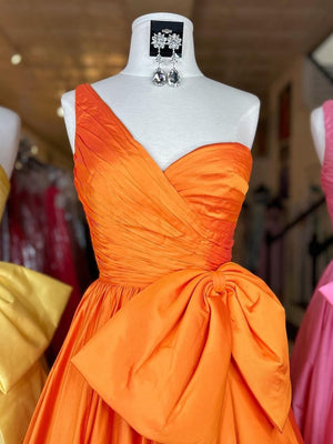 Elvinia | One Shoulder Satin A Line Prom Dress With Bow