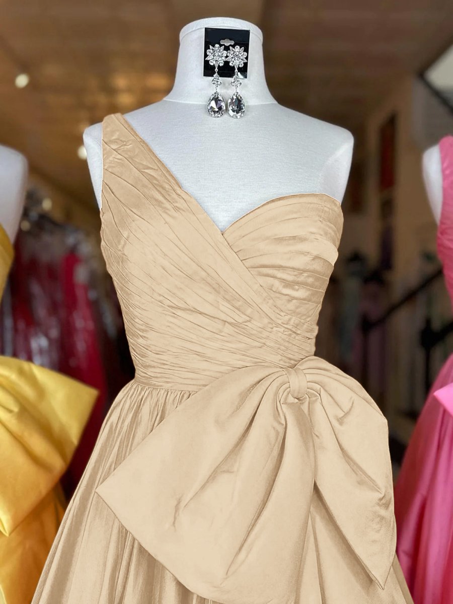 Elvinia | One Shoulder Satin A Line Prom Dress With Bow