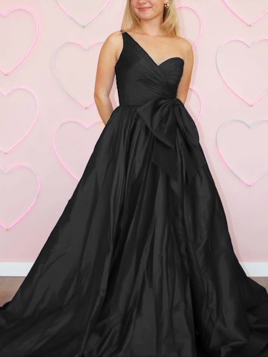 Elvinia | One Shoulder Satin A Line Prom Dress With Bow