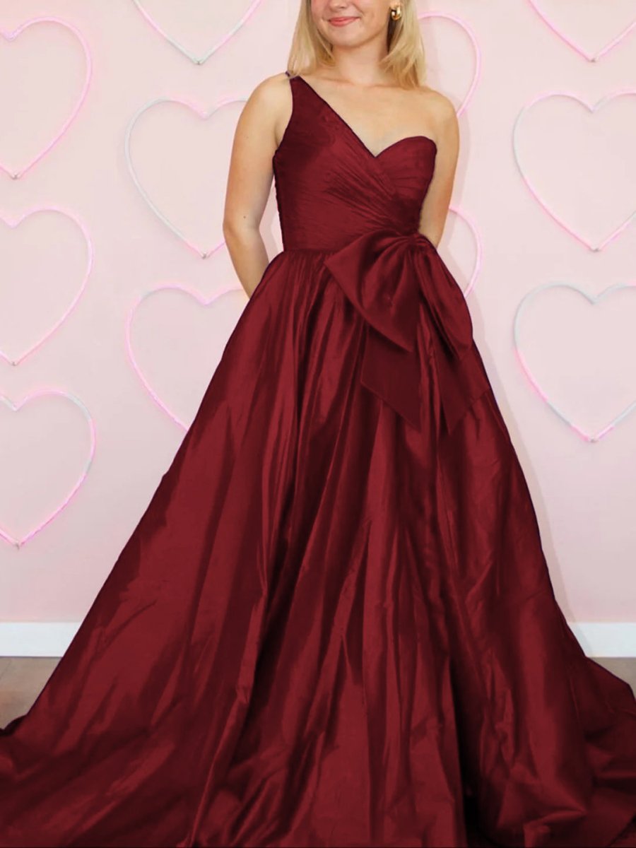 Elvinia | One Shoulder Satin A Line Prom Dress With Bow