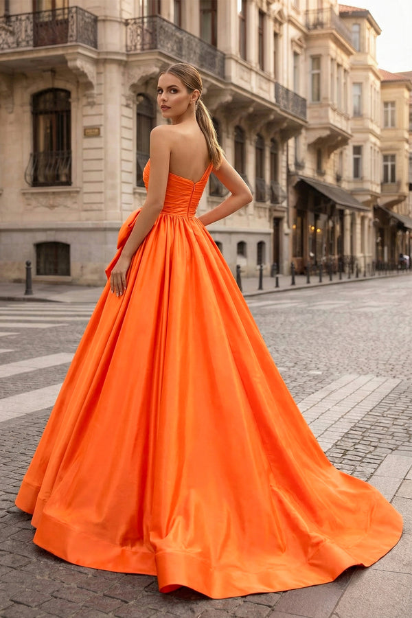 KissProm- Orange One Shoulder Satin A Line Prom Dress With Bow